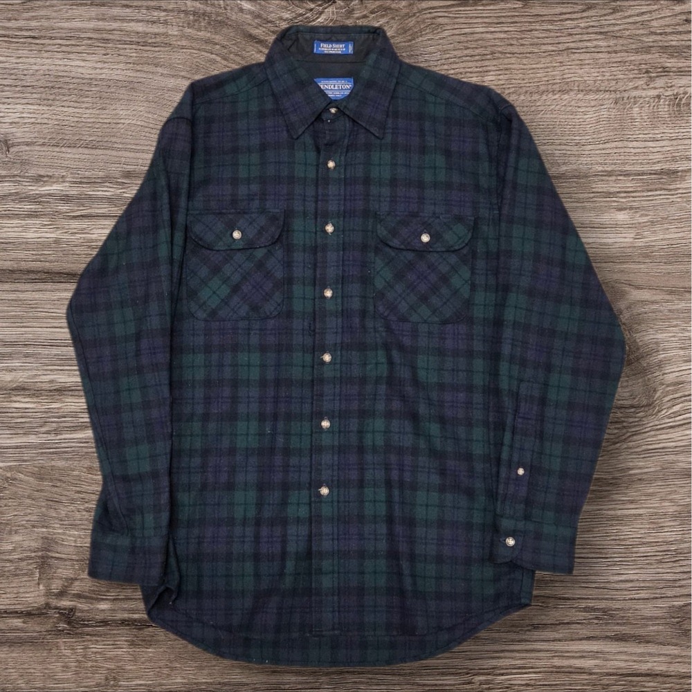 Pendleton Field Shirt Mens Medium Black Watch Plaid Wool Button Down Flannel
